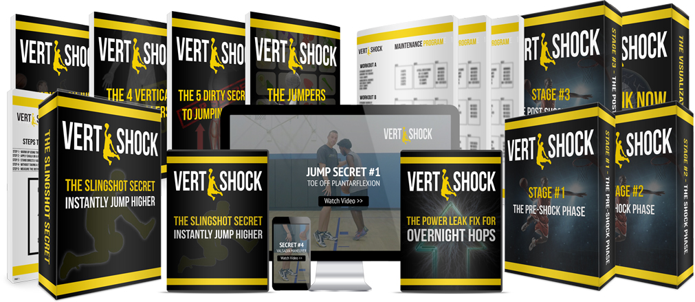 The Vert Shock module set: programme guides, exercise-video screens on desktop and mobile, and the phase manuals.